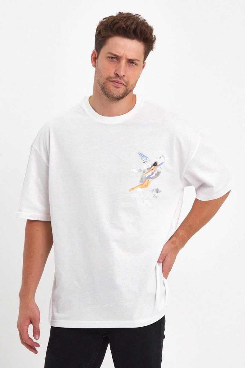 Erkek Kısa Kol Tişört Bisiklet Yaka MELEK Baskılı Oversize T-Shirt - Beyaz