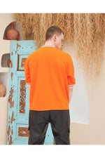 Erkek Bisiklet Yaka Tişört Nakış İşlemeli Kısa Kol Oversize T-Shirt - Turuncu
