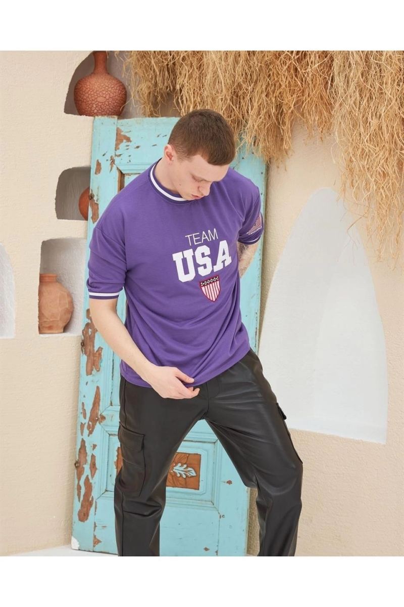 Erkek Bisiklet Yaka Tişört Nakış İşlemeli Kısa Kol Oversize T-Shirt - Mor