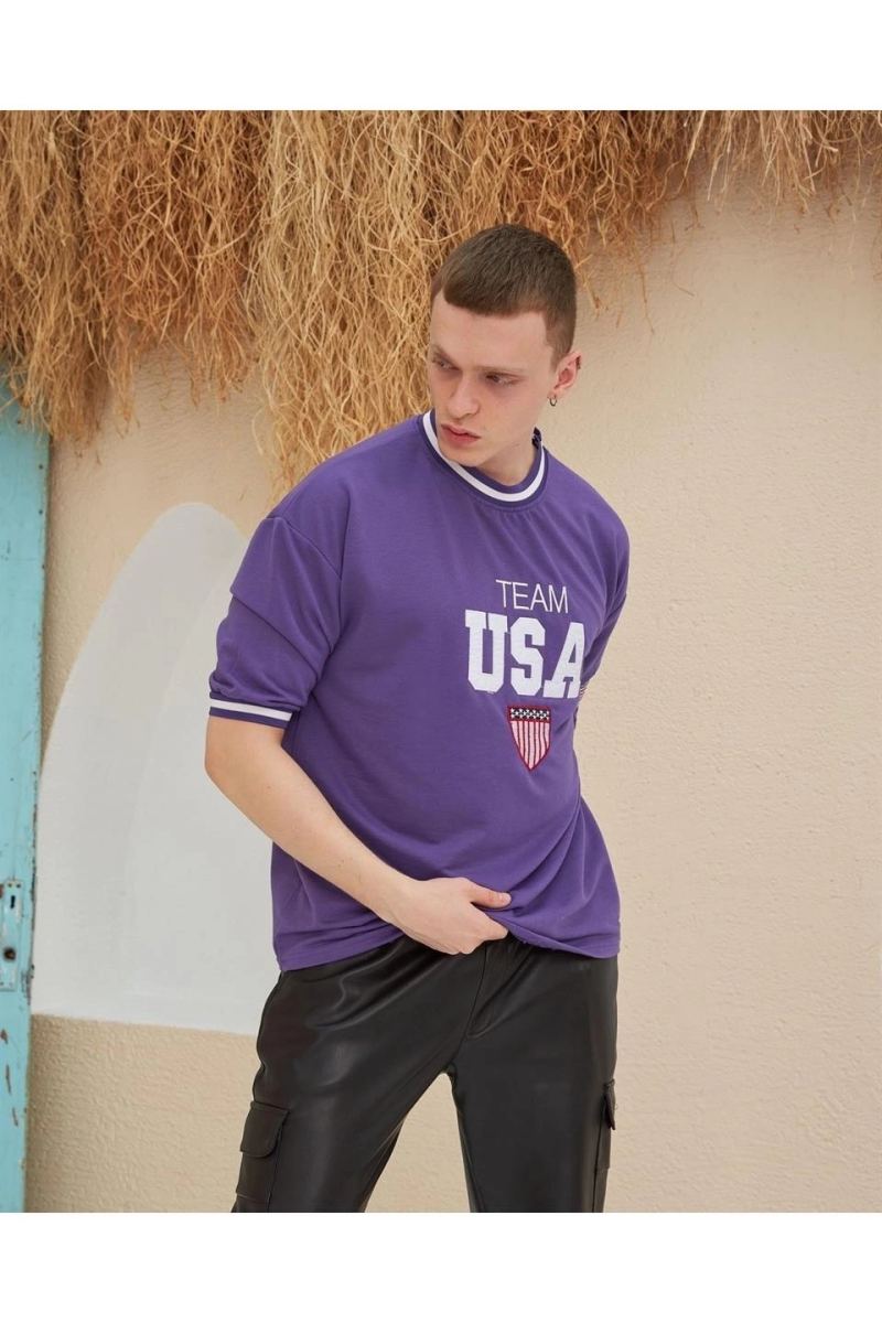 Erkek Bisiklet Yaka Tişört Nakış İşlemeli Kısa Kol Oversize T-Shirt - Mor