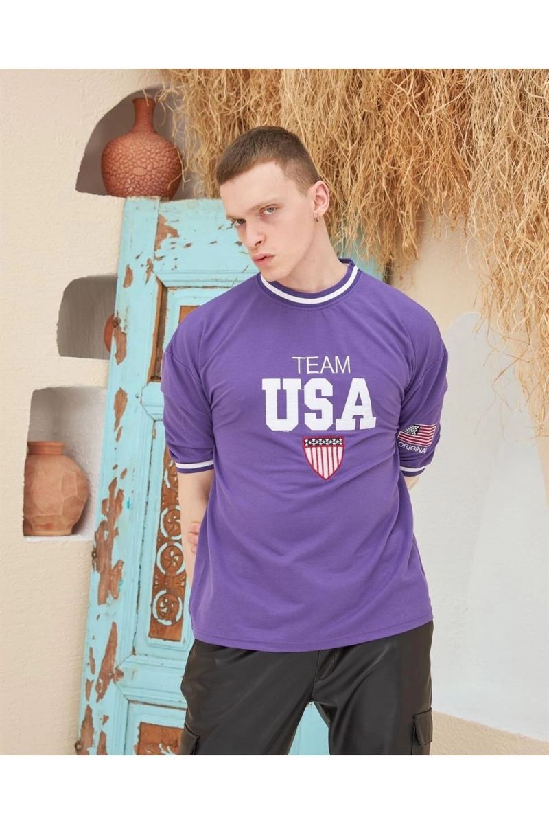 Erkek Bisiklet Yaka Tişört Nakış İşlemeli Kısa Kol Oversize T-Shirt - Mor