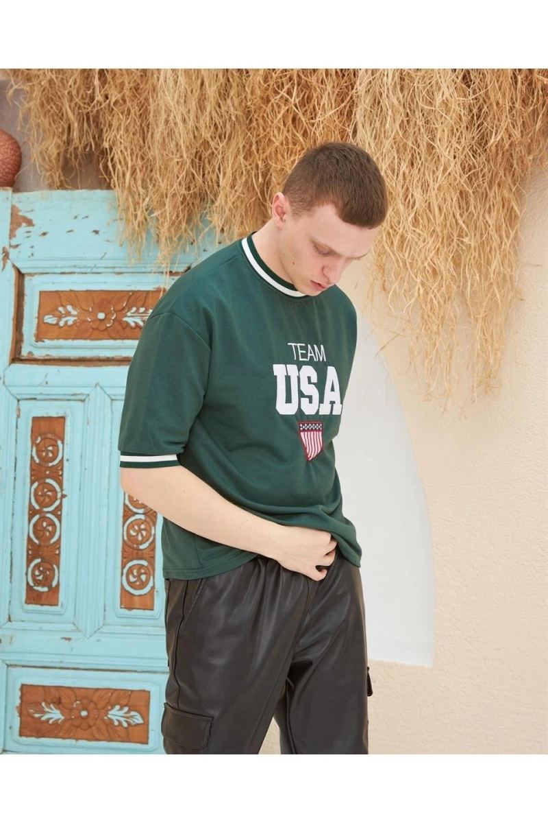 Erkek Bisiklet Yaka Tişört Nakış İşlemeli Kısa Kol Oversize T-Shirt - Yeşil