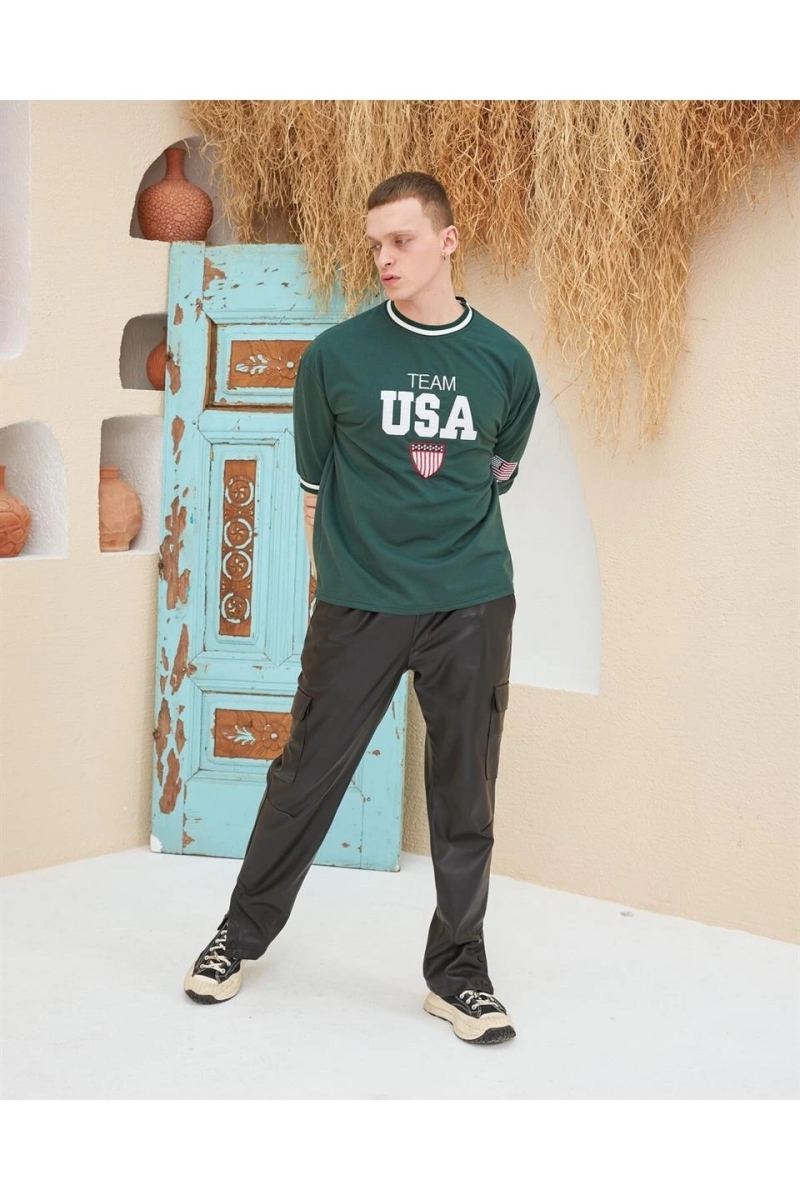 Erkek Bisiklet Yaka Tişört Nakış İşlemeli Kısa Kol Oversize T-Shirt - Yeşil