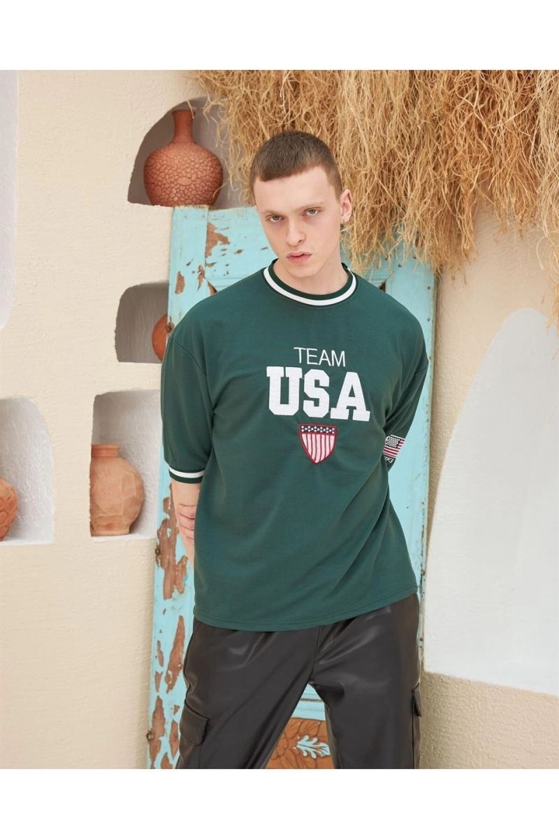 Erkek Bisiklet Yaka Tişört Nakış İşlemeli Kısa Kol Oversize T-Shirt - Yeşil