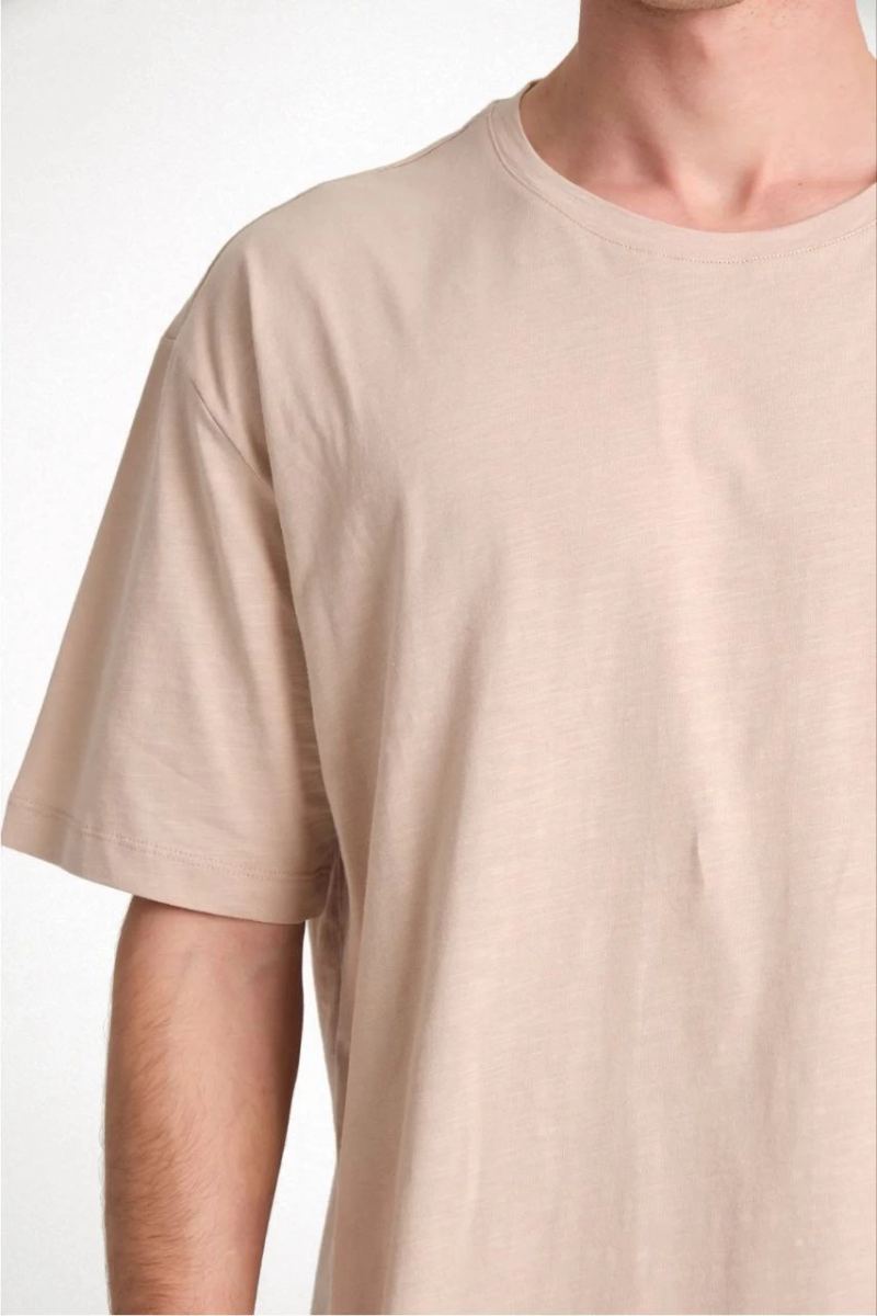 Erkek Düz Penye Tişört Bisiklet Yaka Kısa Kol Regular Fit T-Shirt - Bej