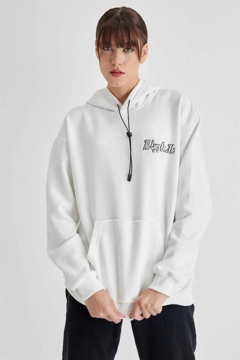Kadın Oversize Kapüşonlu Cepli TUPAC Baskılı 3 İplik Pamuklu Hoodie Sweatshirt - Beyaz
