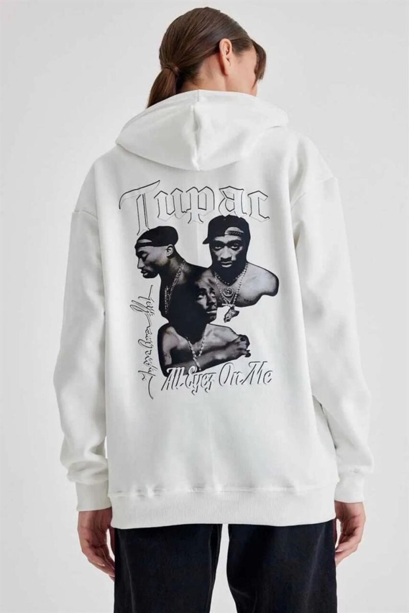 Kadın Oversize Kapüşonlu Cepli TUPAC Baskılı 3 İplik Pamuklu Hoodie Sweatshirt - Beyaz