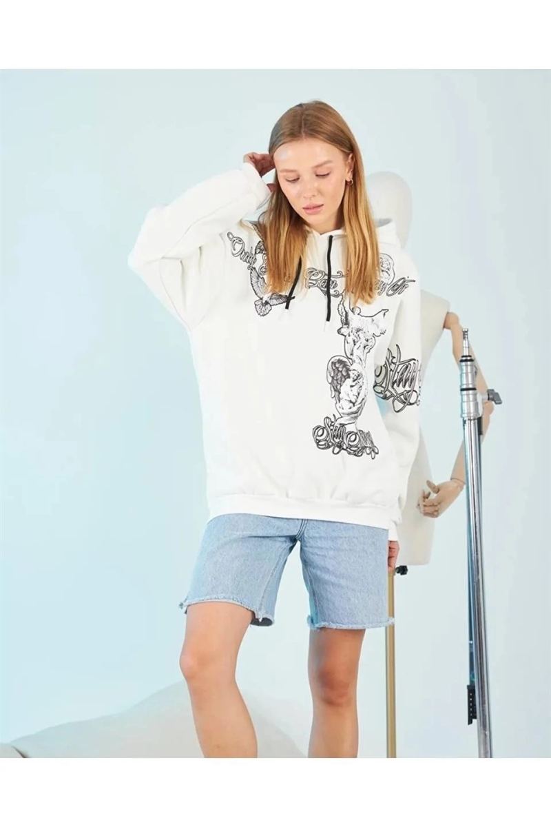 Kadın Oversize Kapüşonlu Baskılı 3 İplik Pamuklu Hoodie Sweatshirt - B