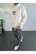 Erkek 3 İplik Pamuklu Kapüşonlu Baskılı Cepli Oversize Sweatshirt Hoodie - Beyaz