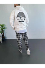 Erkek 3 İplik Pamuklu Kapüşonlu Baskılı Cepli Oversize Sweatshirt Hoodie - Beyaz