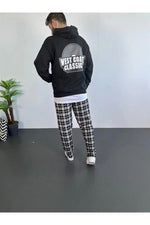 Erkek 3 İplik Pamuklu Kapüşonlu Baskılı Cepli Oversize Sweatshirt Hoodie - Siyah