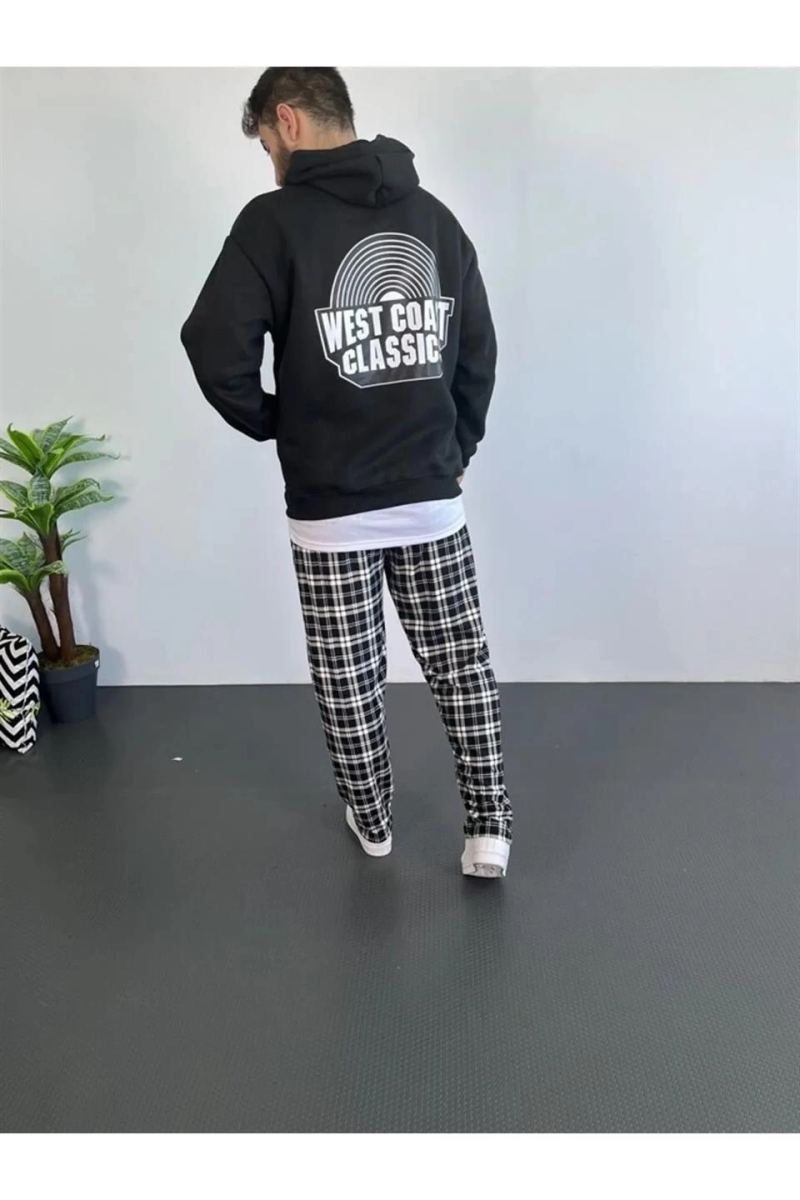 Erkek 3 İplik Pamuklu Kapüşonlu Baskılı Cepli Oversize Sweatshirt Hoodie - Siyah