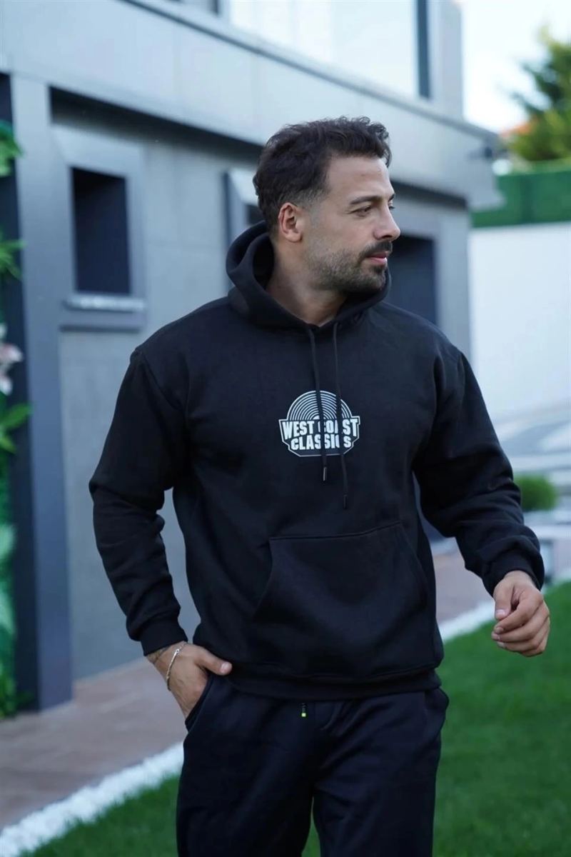 Erkek 3 İplik Pamuklu Kapüşonlu Baskılı Cepli Oversize Sweatshirt Hoodie - Siyah