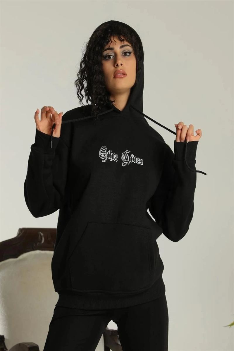 Kadın Oversize Kapüşonlu Cepli Baskılı 3 İplik Pamuklu Hoodie Sweatshirt - Siyah