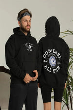 Erkek Sırt Baskılı Oversize 3 İplik Kapüşonlu Hoodie Sweatshirt - Siyah