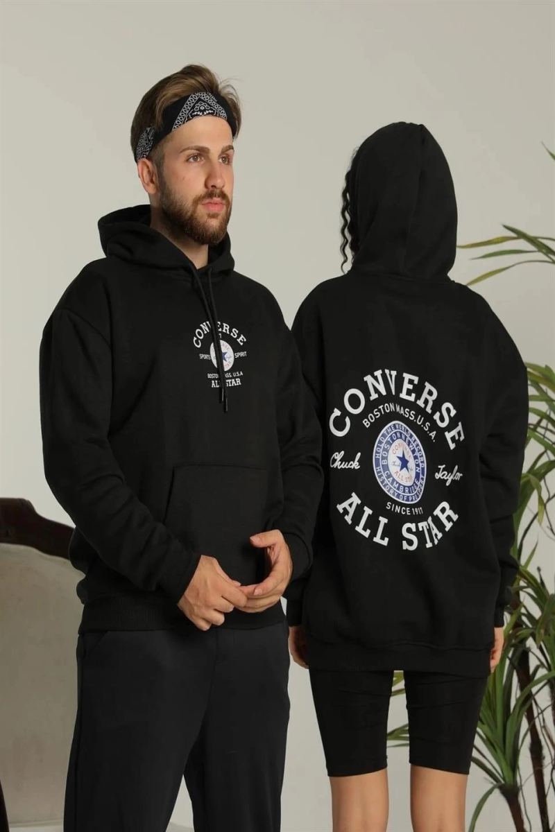 Erkek Sırt Baskılı Oversize 3 İplik Kapüşonlu Hoodie Sweatshirt - Siyah