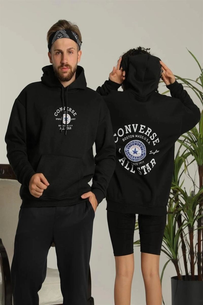 Erkek Sırt Baskılı Oversize 3 İplik Kapüşonlu Hoodie Sweatshirt - Siyah