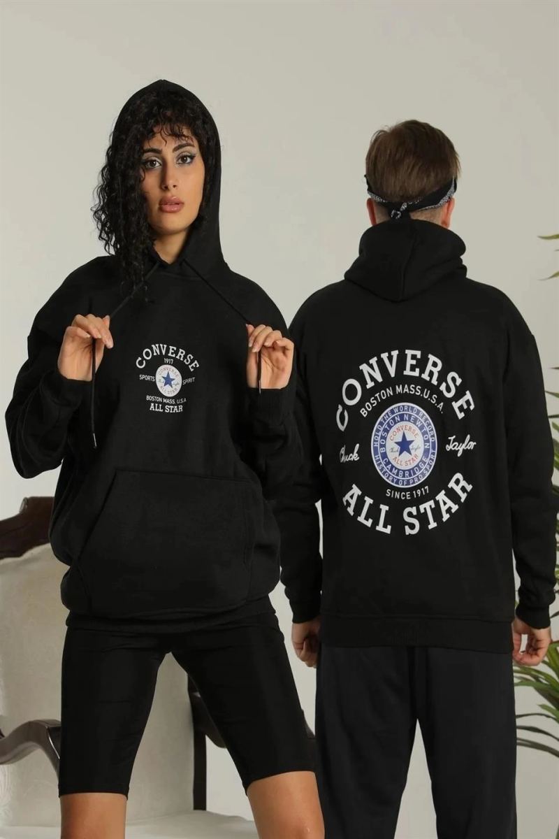 Erkek Sırt Baskılı Oversize 3 İplik Kapüşonlu Hoodie Sweatshirt - Siyah