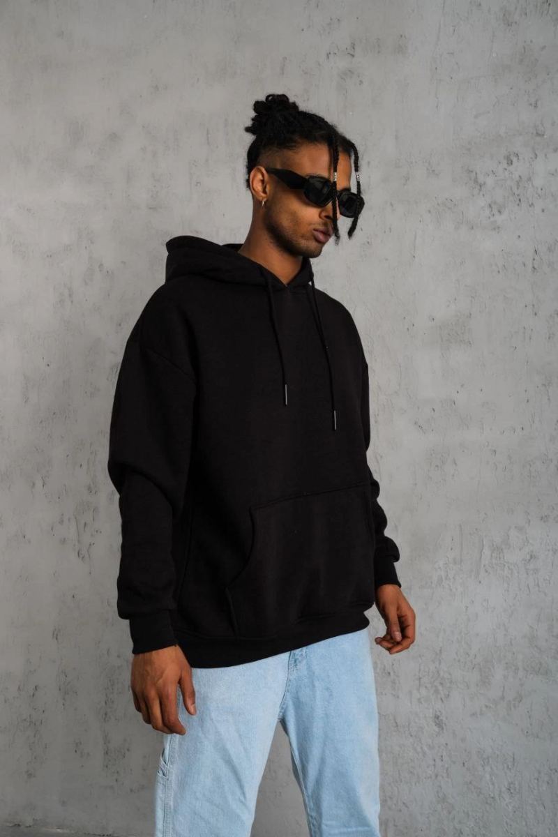 Erkek 3 İplik Pamuklu Kapüşonlu Kanguru Cepli Sweatshirt Hoodie -  Siyah