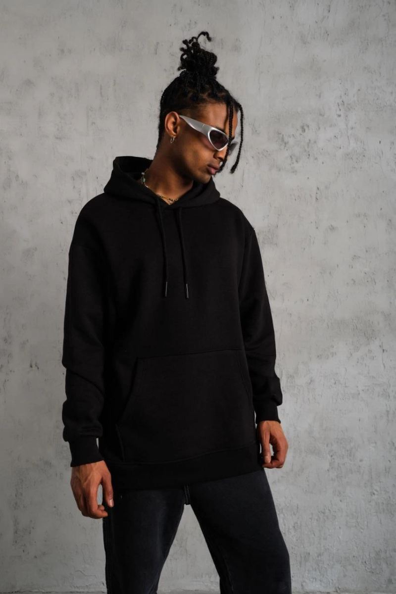 Erkek 3 İplik Pamuklu Kapüşonlu Kanguru Cepli Sweatshirt Hoodie -  Siyah