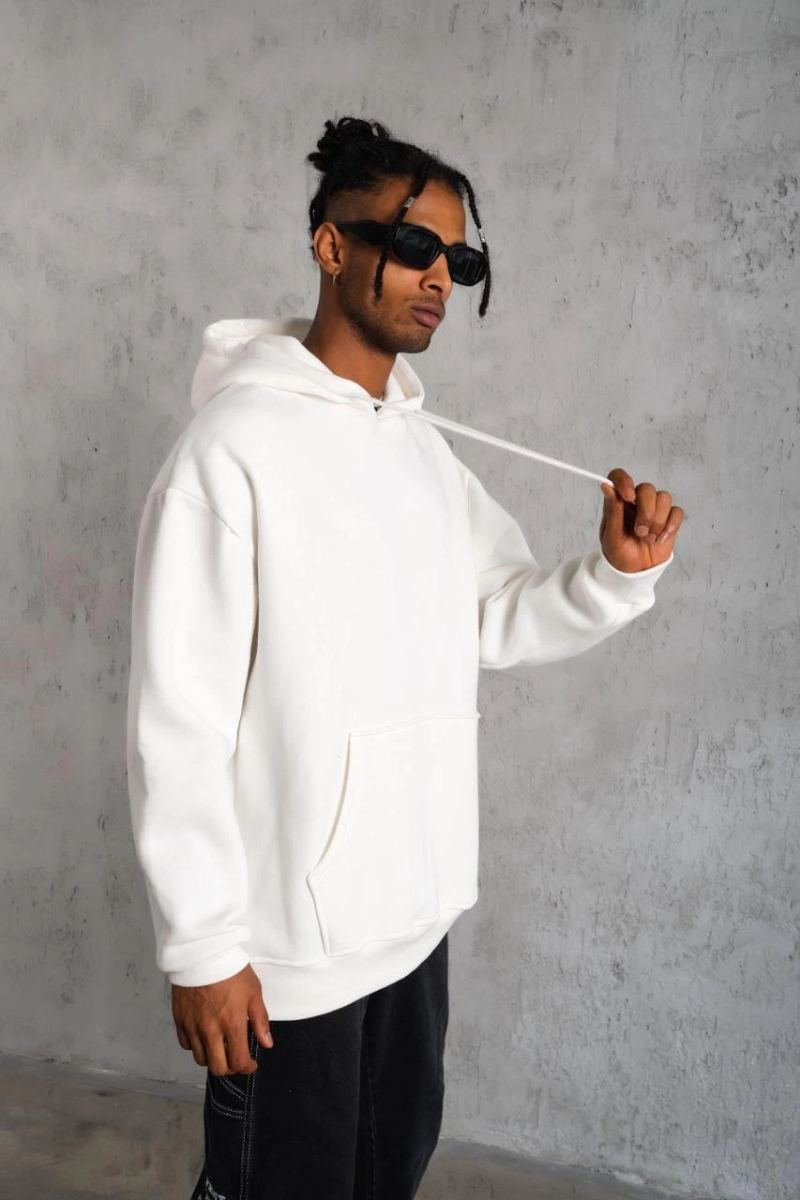Erkek 3 İplik Pamuklu Kapüşonlu Kanguru Cepli Sweatshirt Hoodie - Beyaz