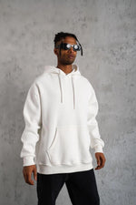 Erkek 3 İplik Pamuklu Kapüşonlu Kanguru Cepli Sweatshirt Hoodie - Beyaz