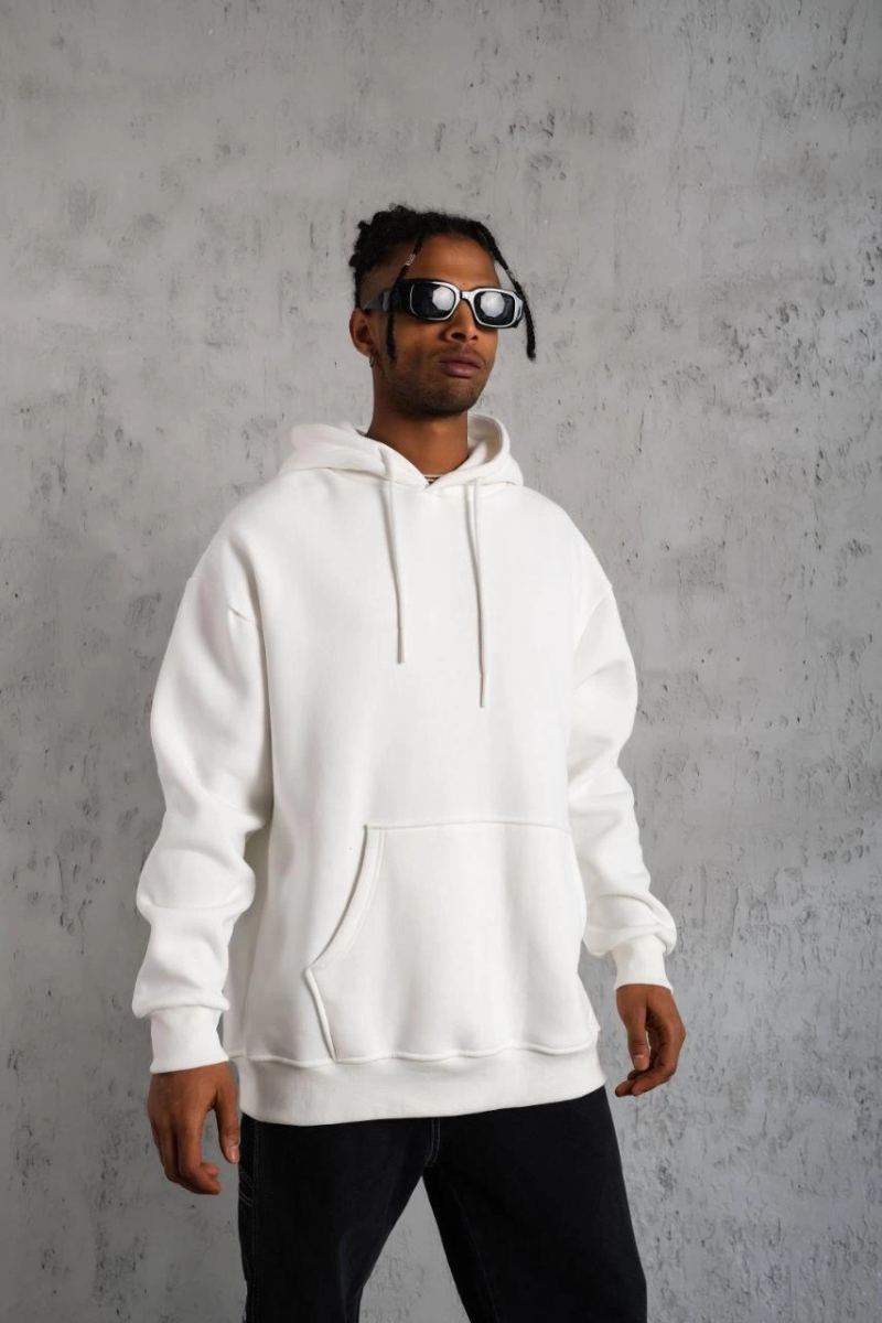 Erkek 3 İplik Pamuklu Kapüşonlu Kanguru Cepli Sweatshirt Hoodie - Beyaz