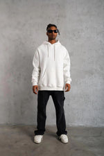 Erkek 3 İplik Pamuklu Kapüşonlu Kanguru Cepli Sweatshirt Hoodie - Beyaz