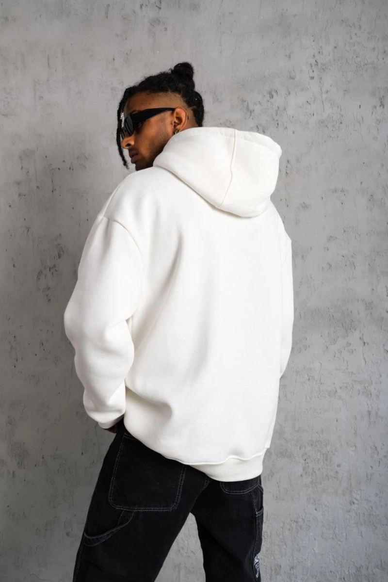 Erkek 3 İplik Pamuklu Kapüşonlu Kanguru Cepli Sweatshirt Hoodie - Beyaz