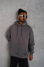 Erkek 3 İplik Pamuklu Kapüşonlu Kanguru Cepli Sweatshirt Hoodie - Gri