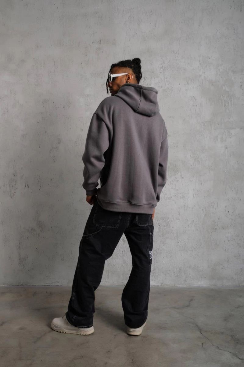 Erkek 3 İplik Pamuklu Kapüşonlu Kanguru Cepli Sweatshirt Hoodie - Gri