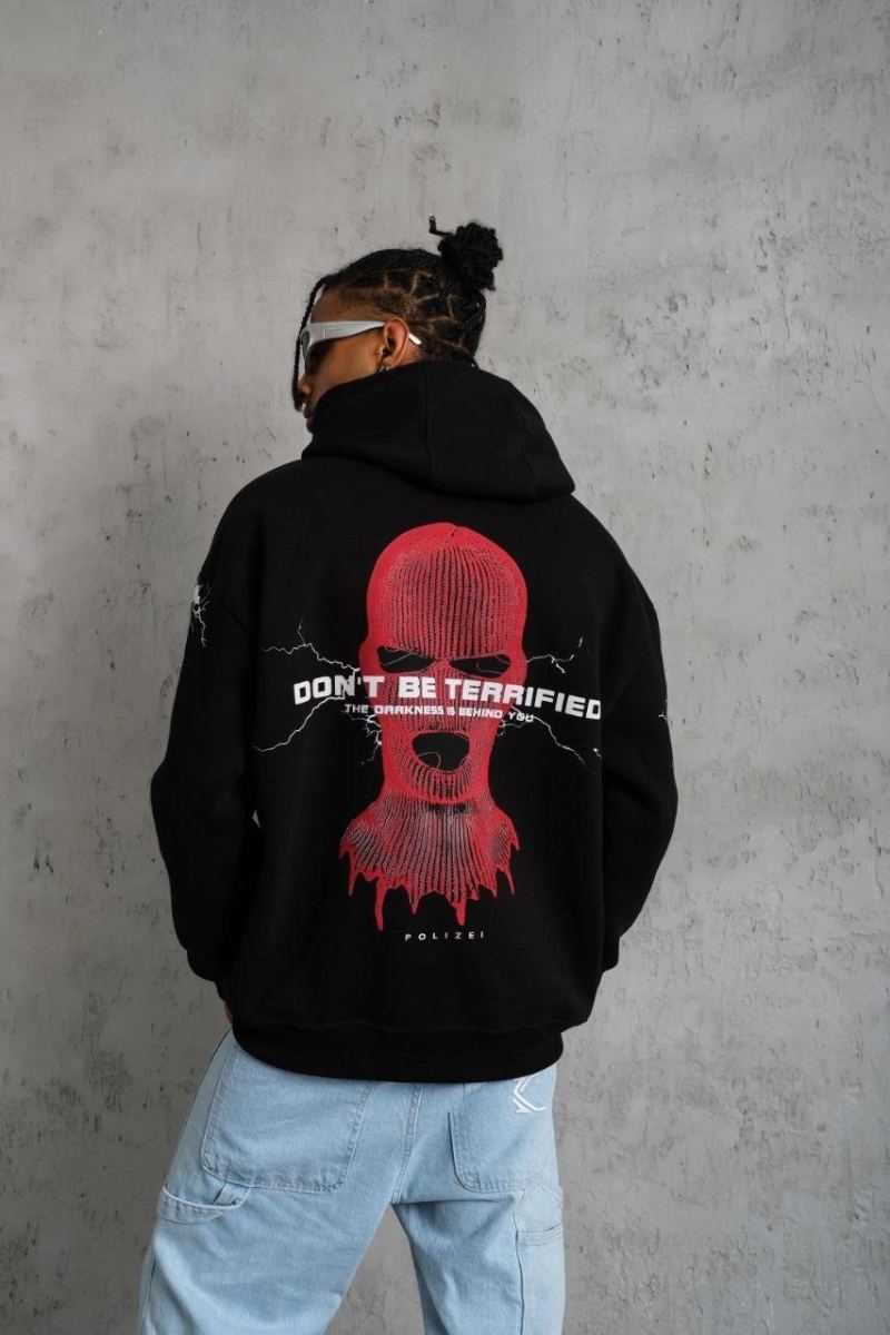 Erkek 3 İplik Pamuklu Kapüşonlu Baskılı Cepli Oversize Sweatshirt Hoodie - Siyah