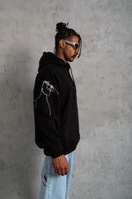 Erkek 3 İplik Pamuklu Kapüşonlu Baskılı Cepli Oversize Sweatshirt Hoodie - Siyah