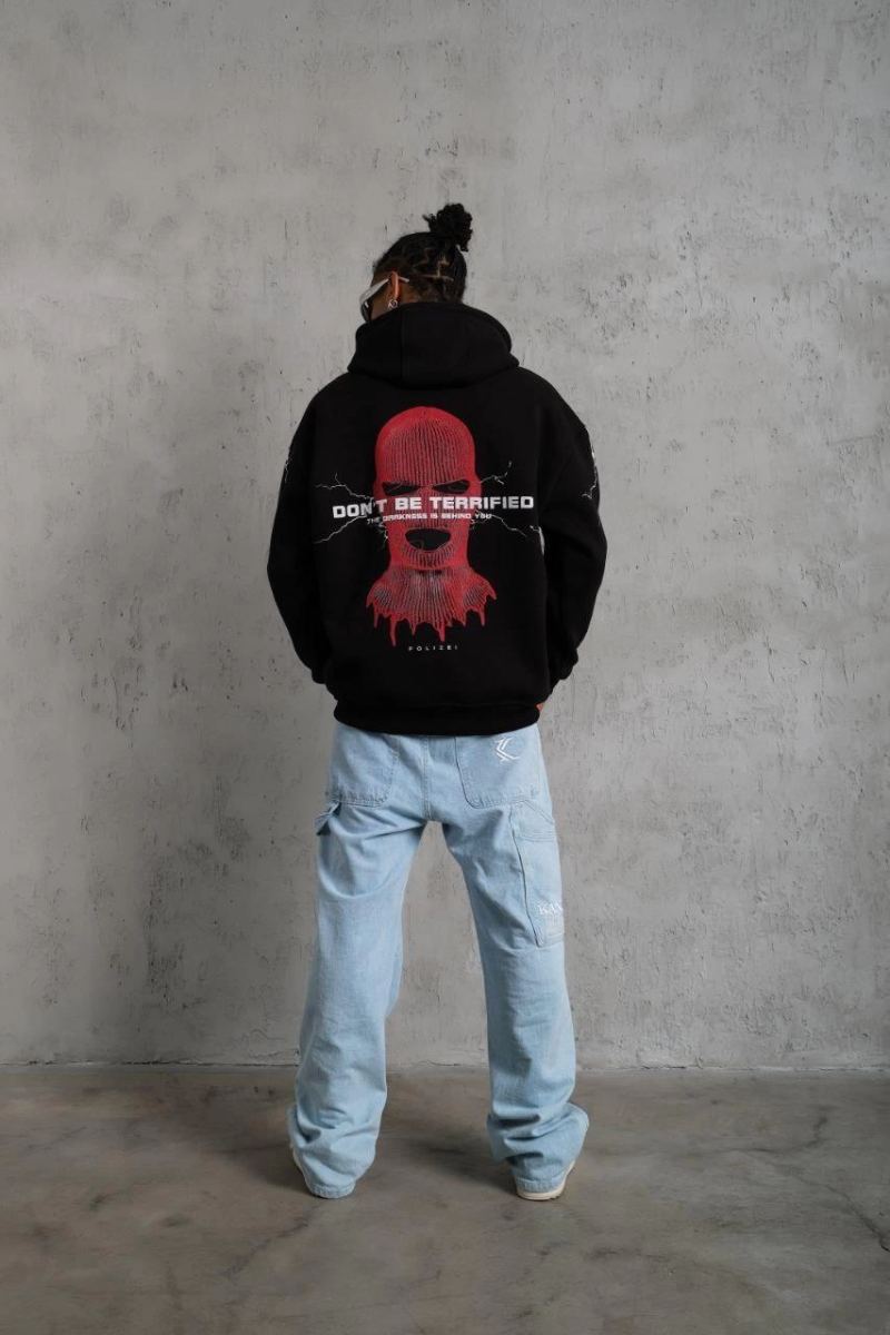 Erkek 3 İplik Pamuklu Kapüşonlu Baskılı Cepli Oversize Sweatshirt Hoodie - Siyah