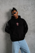 Erkek 3 İplik Pamuklu Kapüşonlu Baskılı Cepli Oversize Sweatshirt Hoodie - Siyah