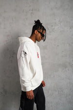 Erkek 3 İplik Pamuklu Kapüşonlu Baskılı Cepli Oversize Sweatshirt Hoodie - Beyaz