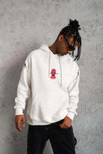 Erkek 3 İplik Pamuklu Kapüşonlu Baskılı Cepli Oversize Sweatshirt Hoodie - Beyaz