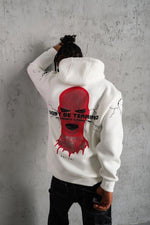 Erkek 3 İplik Pamuklu Kapüşonlu Baskılı Cepli Oversize Sweatshirt Hoodie - Beyaz