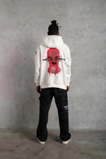 Erkek 3 İplik Pamuklu Kapüşonlu Baskılı Cepli Oversize Sweatshirt Hoodie - Beyaz