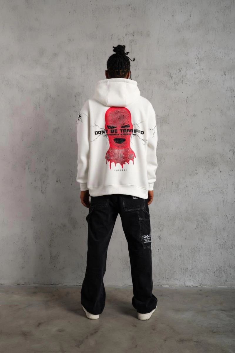 Erkek 3 İplik Pamuklu Kapüşonlu Baskılı Cepli Oversize Sweatshirt Hoodie - Beyaz