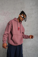 Erkek 3 İplik Pamuklu Kapüşonlu Baskılı Cepli Sweatshirt Hoodie - Gül Kurusu