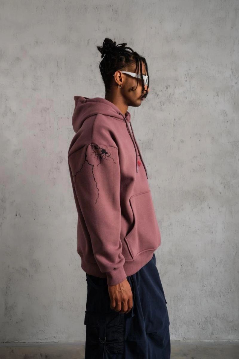 Erkek 3 İplik Pamuklu Kapüşonlu Baskılı Cepli Sweatshirt Hoodie - Gül Kurusu