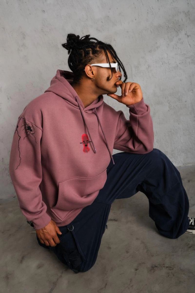 Erkek 3 İplik Pamuklu Kapüşonlu Baskılı Cepli Sweatshirt Hoodie - Gül Kurusu