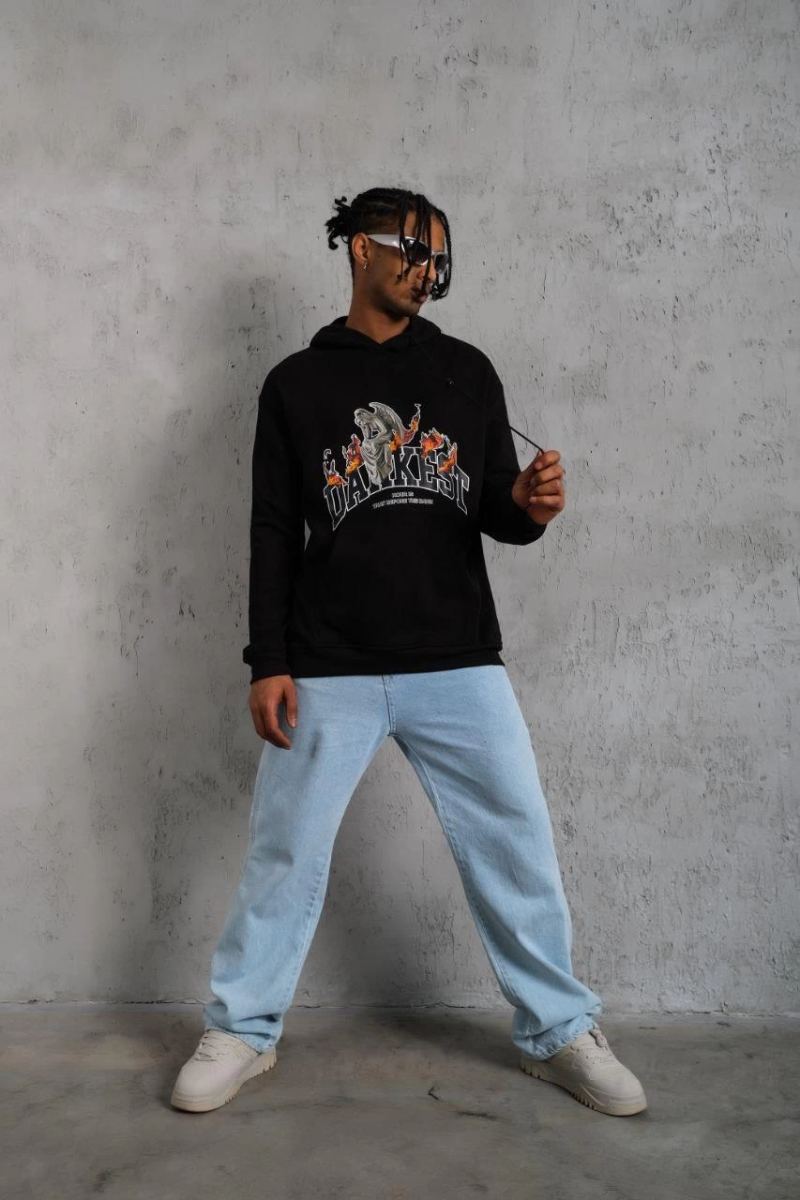 Erkek 3 İplik Pamuklu Kapüşonlu Baskılı Cepli Oversize Sweatshirt Hoodie - Siyah