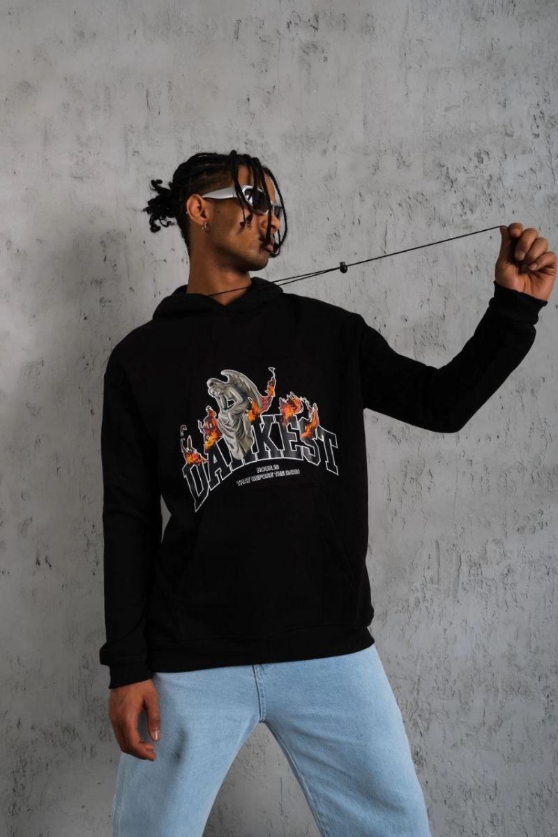 Erkek 3 İplik Pamuklu Kapüşonlu Baskılı Cepli Oversize Sweatshirt Hoodie - Siyah
