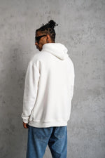 Erkek 3 İplik Pamuklu Kapüşonlu Baskılı Cepli Oversize Sweatshirt Hoodie - Beyaz