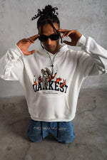 Erkek 3 İplik Pamuklu Kapüşonlu Baskılı Cepli Oversize Sweatshirt Hoodie - Beyaz