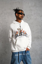Erkek 3 İplik Pamuklu Kapüşonlu Baskılı Cepli Oversize Sweatshirt Hoodie - Beyaz