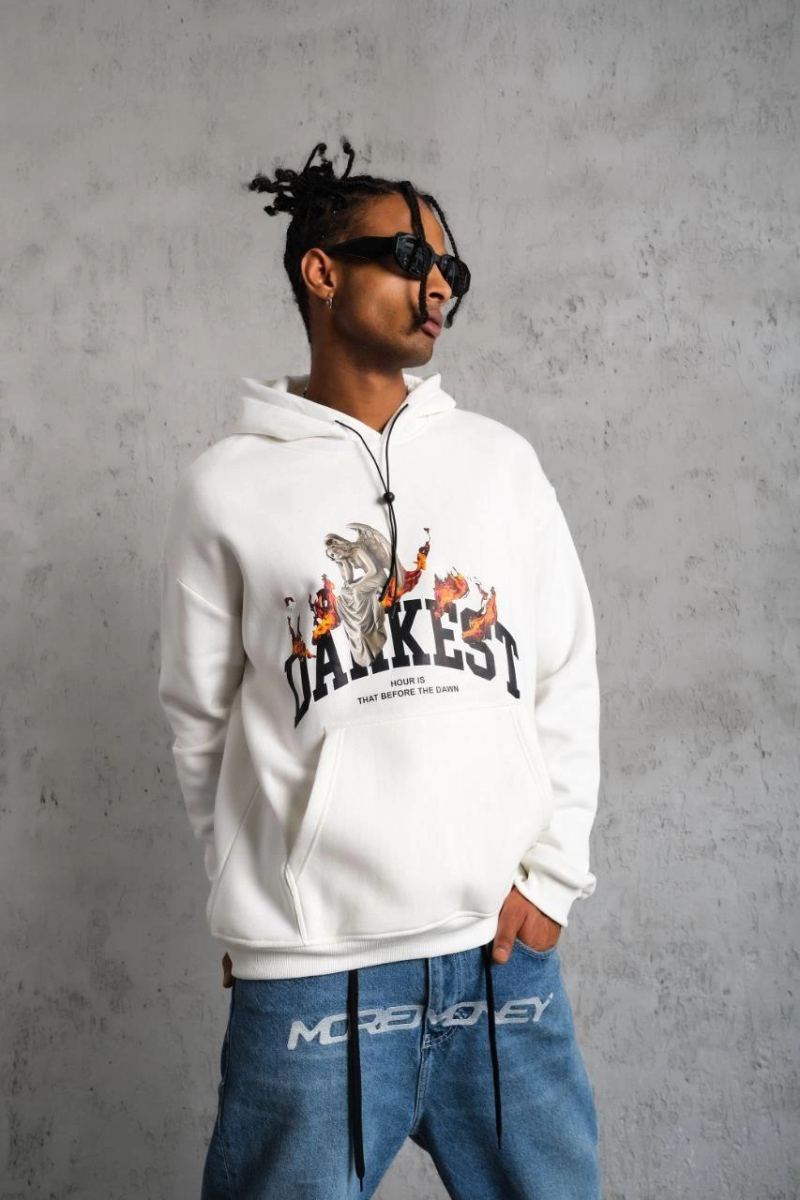Erkek 3 İplik Pamuklu Kapüşonlu Baskılı Cepli Oversize Sweatshirt Hoodie - Beyaz