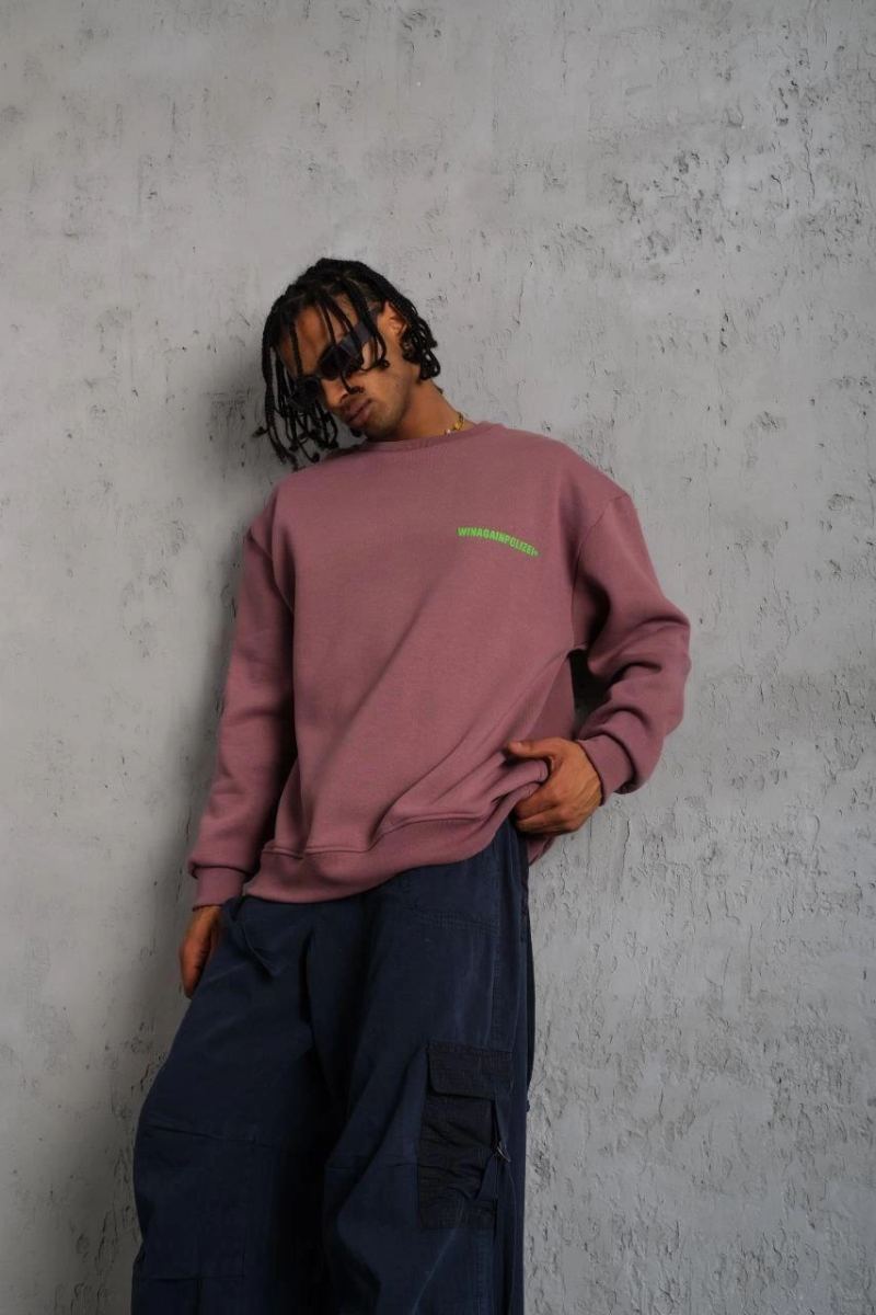 Erkek Bisiklet Yaka Baskılı 3 iplik pamuklu Sweatshirt - Gül Kurusu